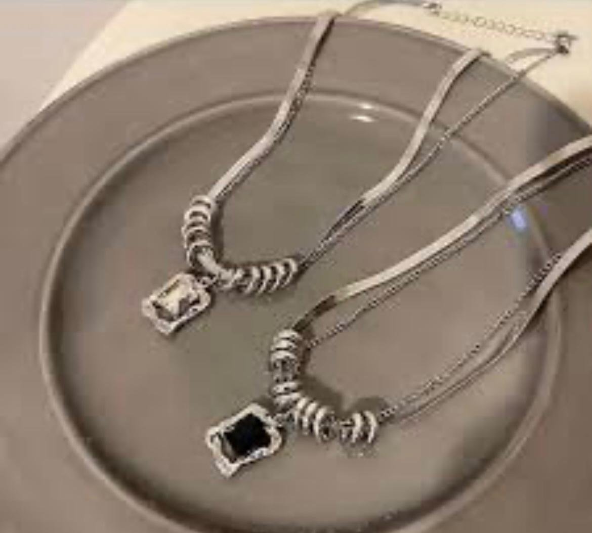 Elegant Silver Snake Chain Necklace with Black and white Stone Pendant, Twisted Rope Design