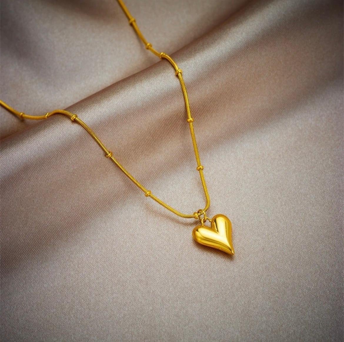 Elegant Gold Heart Pendant Necklace with Beaded Chain, Delicate Design