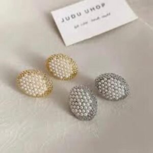 Vintage Pearl Stud Earrings,  Oval Shape with Faux Pearl, (2 Color)