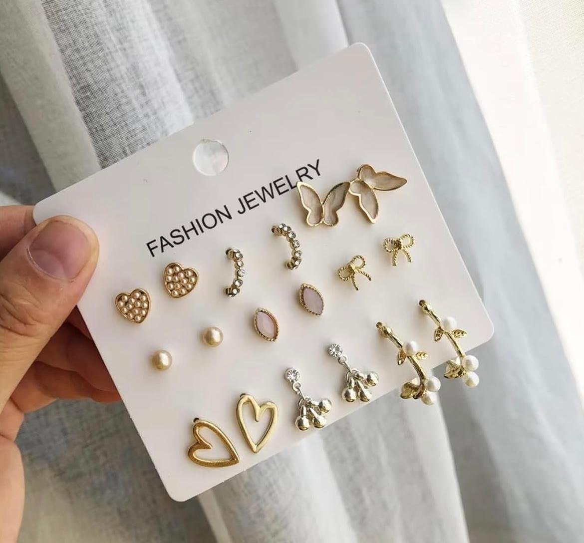 Fashion Stud Earrings Set, 6 Pairs, Heart Butterfly Pearl Design, Gold-Tone Alloy, for Women - Image 5