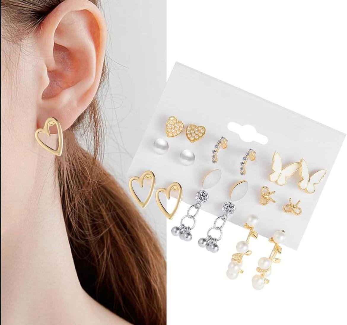 Fashion Stud Earrings Set, 6 Pairs, Heart Butterfly Pearl Design, Gold-Tone Alloy, for Women - Image 4