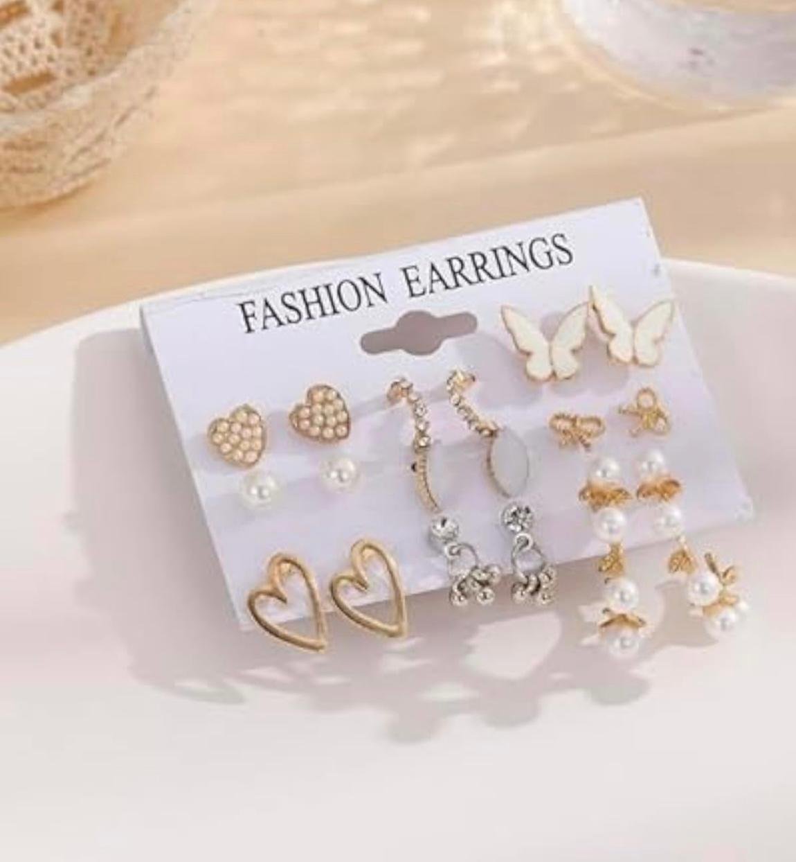 Fashion Stud Earrings Set, 6 Pairs, Heart Butterfly Pearl Design, Gold-Tone Alloy, for Women - Image 3