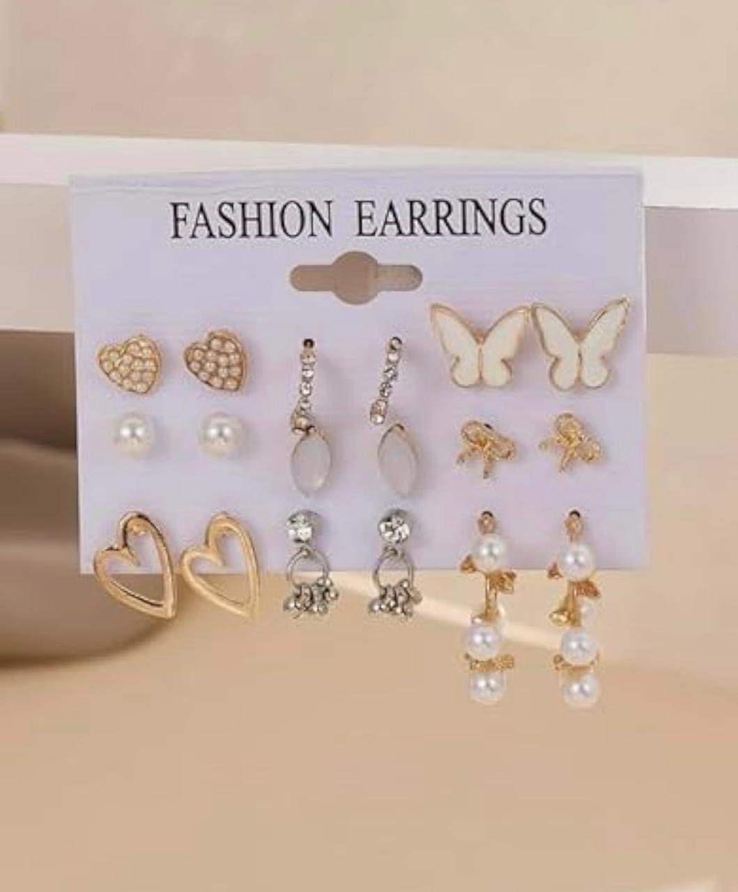 Fashion Stud Earrings Set, 6 Pairs, Heart Butterfly Pearl Design, Gold-Tone Alloy, for Women - Image 2
