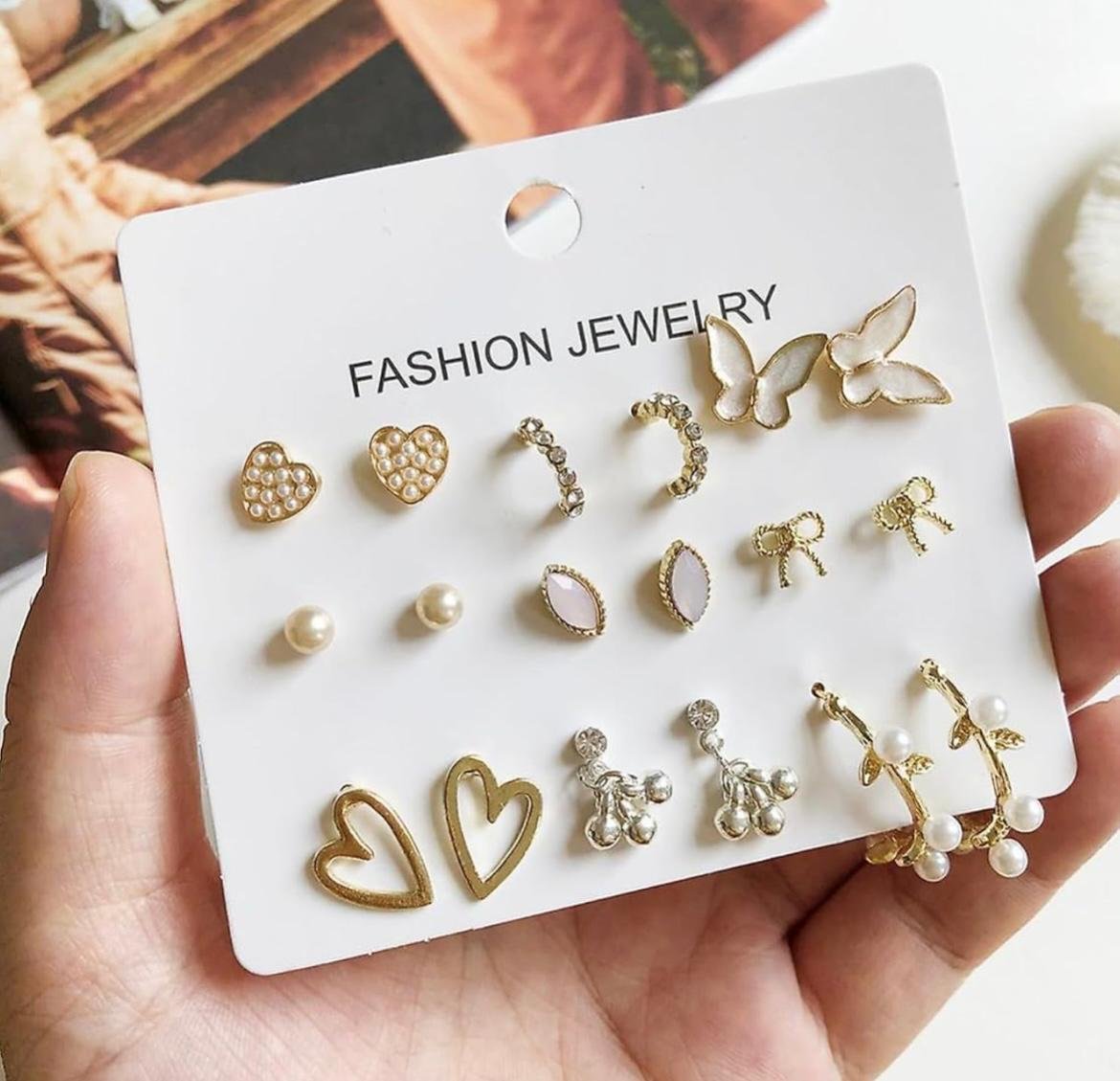 Fashion Stud Earrings Set, 6 Pairs, Heart Butterfly Pearl Design, Gold-Tone Alloy, for Women