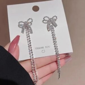 Crystal Bow Drop Earrings, Long Rhinestone Tassel Design, White and Gold, Polished Finish, for Women