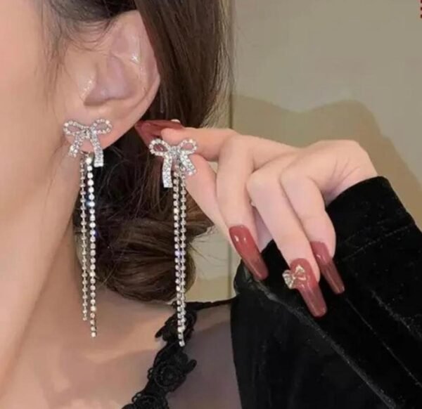 Crystal Bow Drop Earrings, Long Rhinestone Tassel Design, White and Gold, Polished Finish, for Women - Image 4