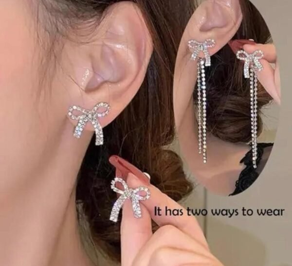 Crystal Bow Drop Earrings, Long Rhinestone Tassel Design, White and Gold, Polished Finish, for Women - Image 3