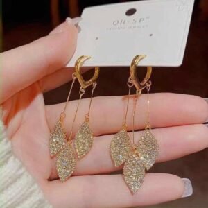 Crystal Leaf Drop Dangle Earrings, Gold Plated Copper, Lever Back, Western Style
