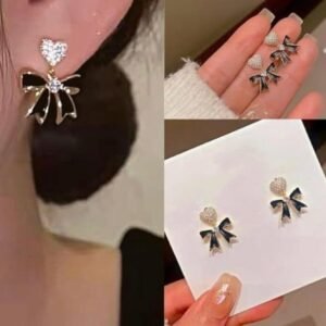 Crystal Heart Bow Stud Earrings, Gold-Plated Copper Alloy, 2 cm, White Rhinestone