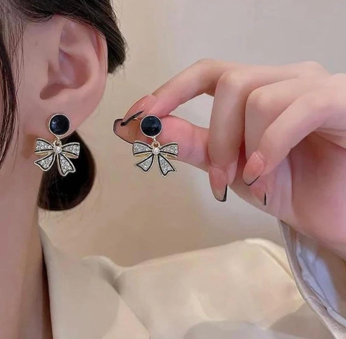 Gold-Plated Crystal Bow Drop Stud Earrings, Pearl Centre, Black Enamel, 2 cm