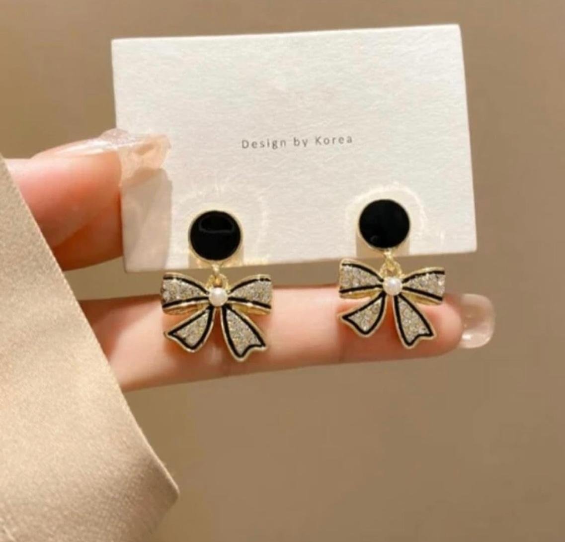 Gold-Plated Crystal Bow Drop Stud Earrings, Pearl Centre, Black Enamel, 2 cm - Image 4