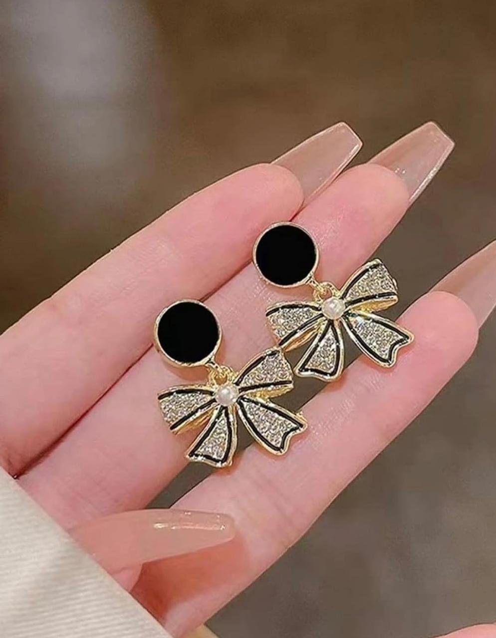 Gold-Plated Crystal Bow Drop Stud Earrings, Pearl Centre, Black Enamel, 2 cm - Image 3