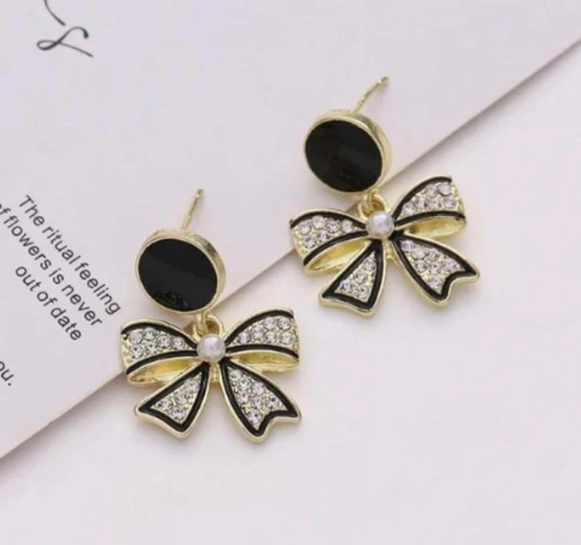 Gold-Plated Crystal Bow Drop Stud Earrings, Pearl Centre, Black Enamel, 2 cm - Image 2