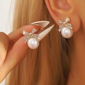 Pearl and Crystal Bow Stud Earrings, Gold Plated Copper, 2 cm, Western Style