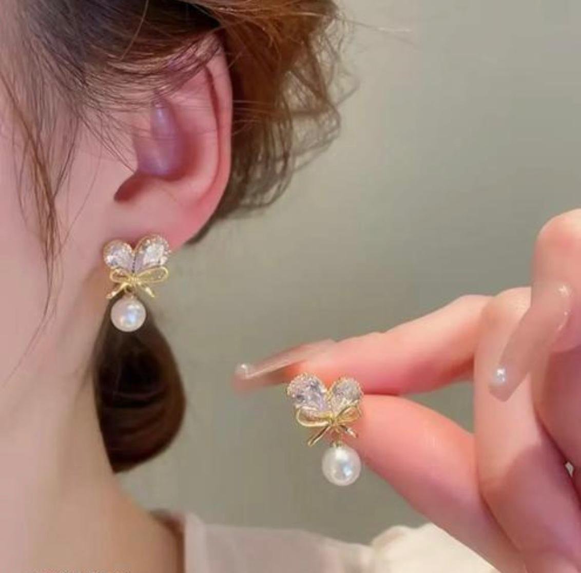 Gold-Plated Pearl Drop Stud Earrings, Crystal Butterfly Design - Image 5