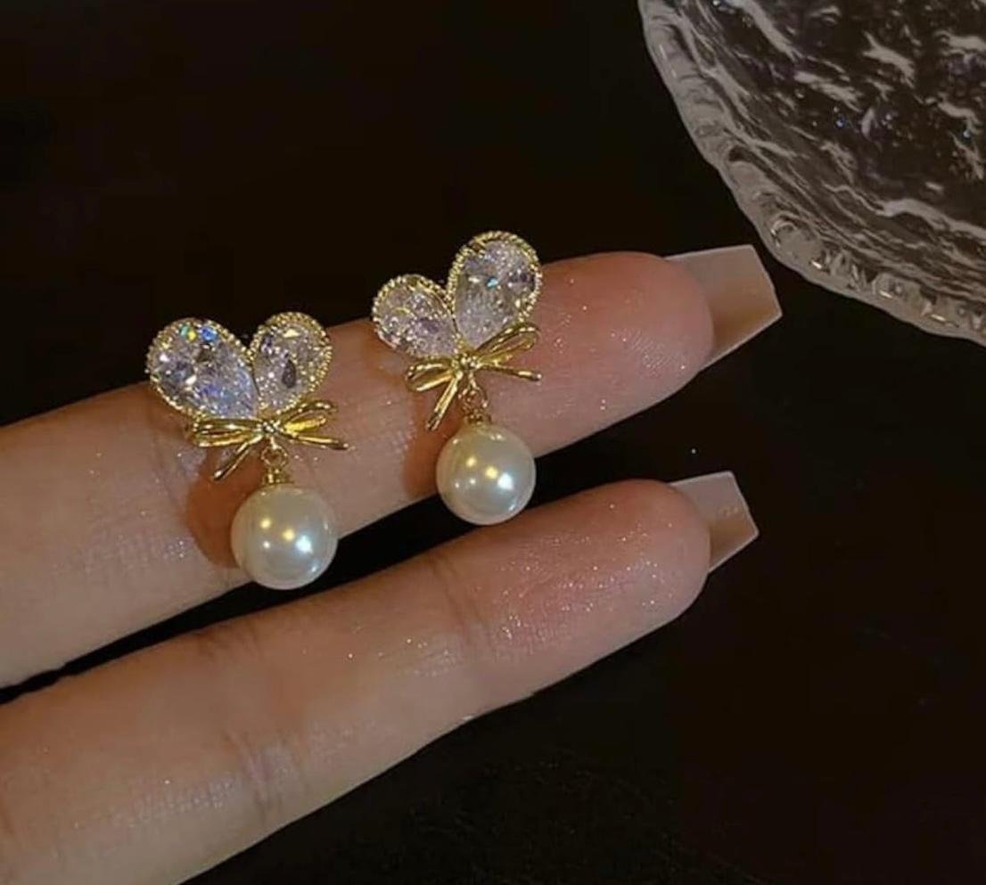 Gold-Plated Pearl Drop Stud Earrings, Crystal Butterfly Design - Image 3
