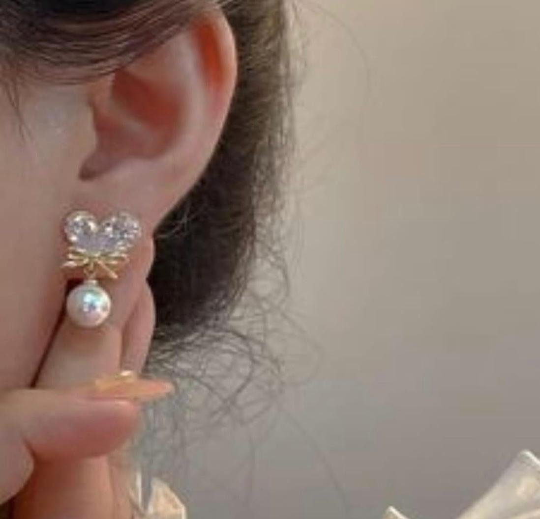 Gold-Plated Pearl Drop Stud Earrings, Crystal Butterfly Design - Image 2