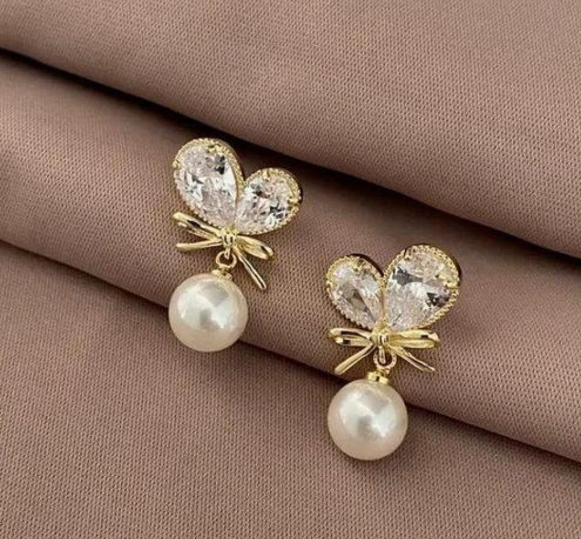 Gold-Plated Pearl Drop Stud Earrings, Crystal Butterfly Design