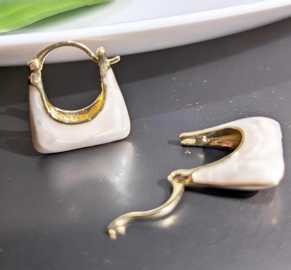 Mini Handbag Hoop Earrings, White Enamel, Gold-Toned Metal