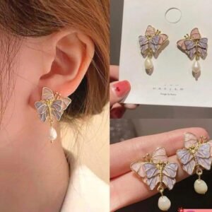 Butterfly Pearl Drop Stud Earrings, Gold Plated Copper Alloy, Western Style, Pink and Grey Enamel, 2 cm