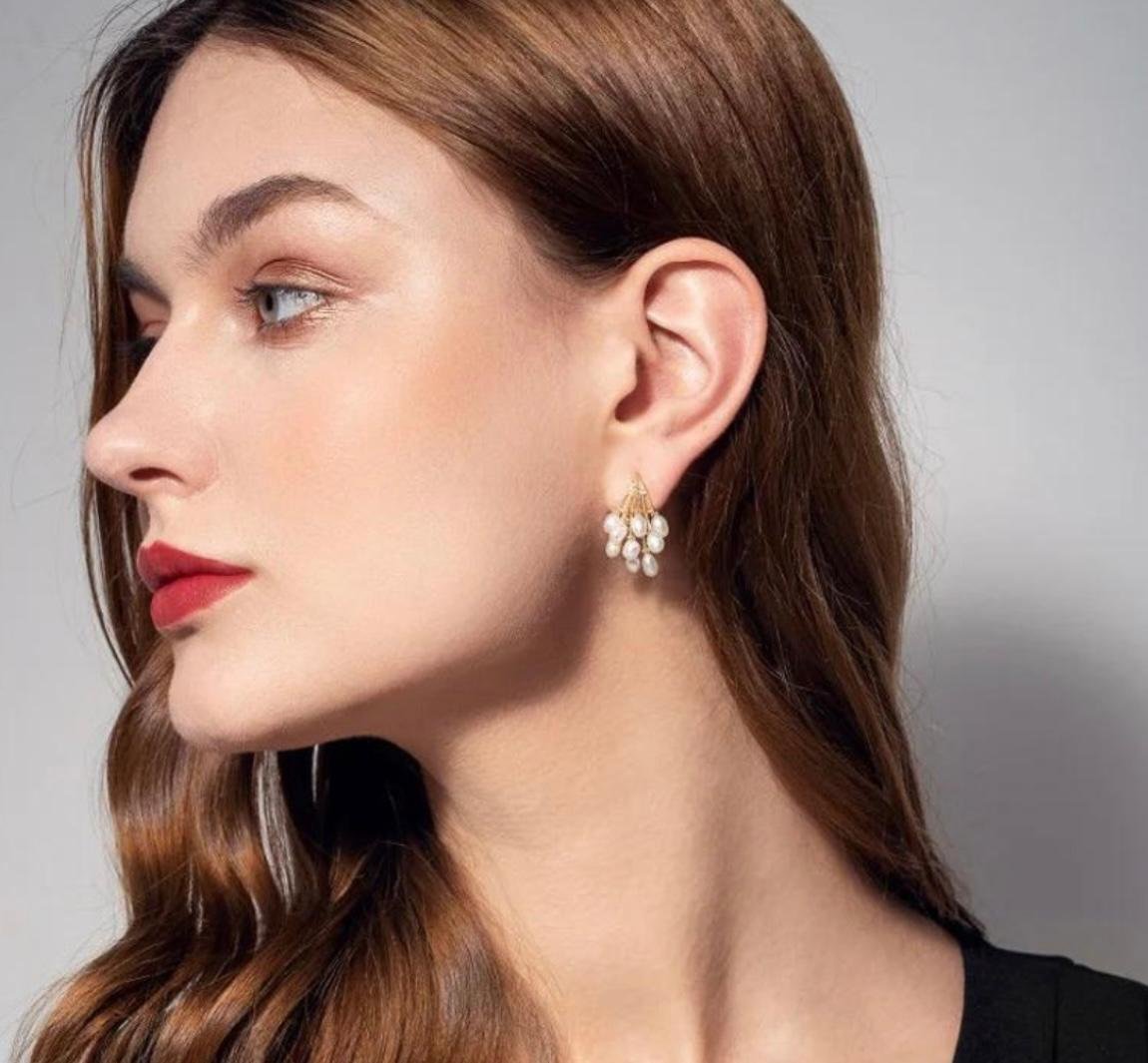 Gold-Toned Pearl Fan Stud Earrings, Western Style - Image 5