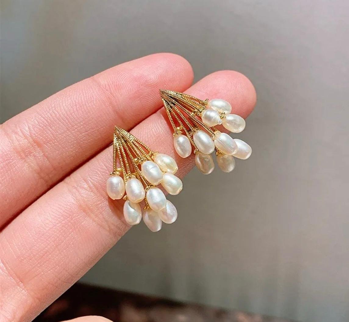 Gold-Toned Pearl Fan Stud Earrings, Western Style