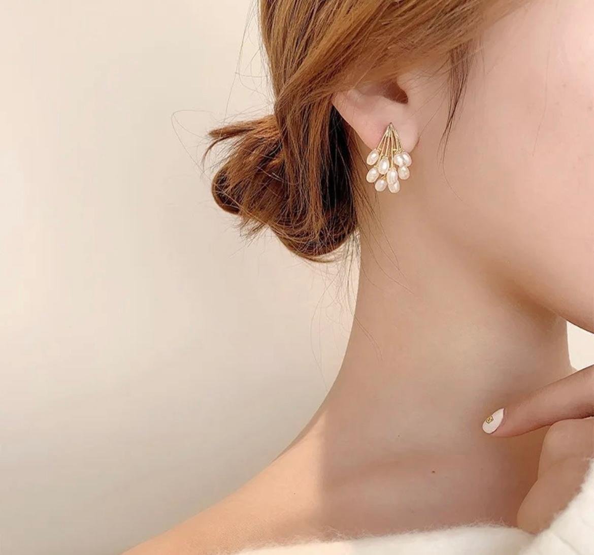 Gold-Toned Pearl Fan Stud Earrings, Western Style - Image 2