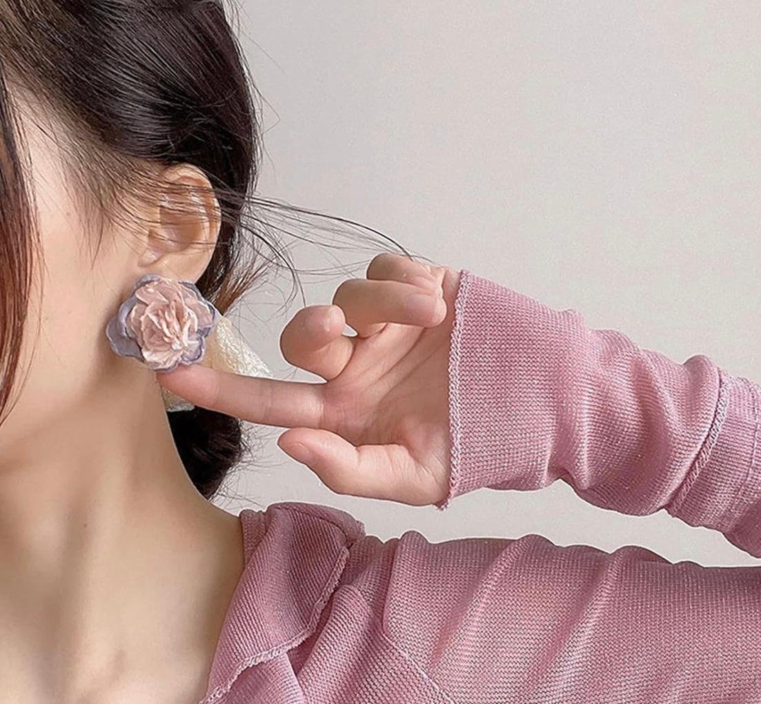 Floral Stud Earrings for Women, Pink and Grey Rose Design - Image 3