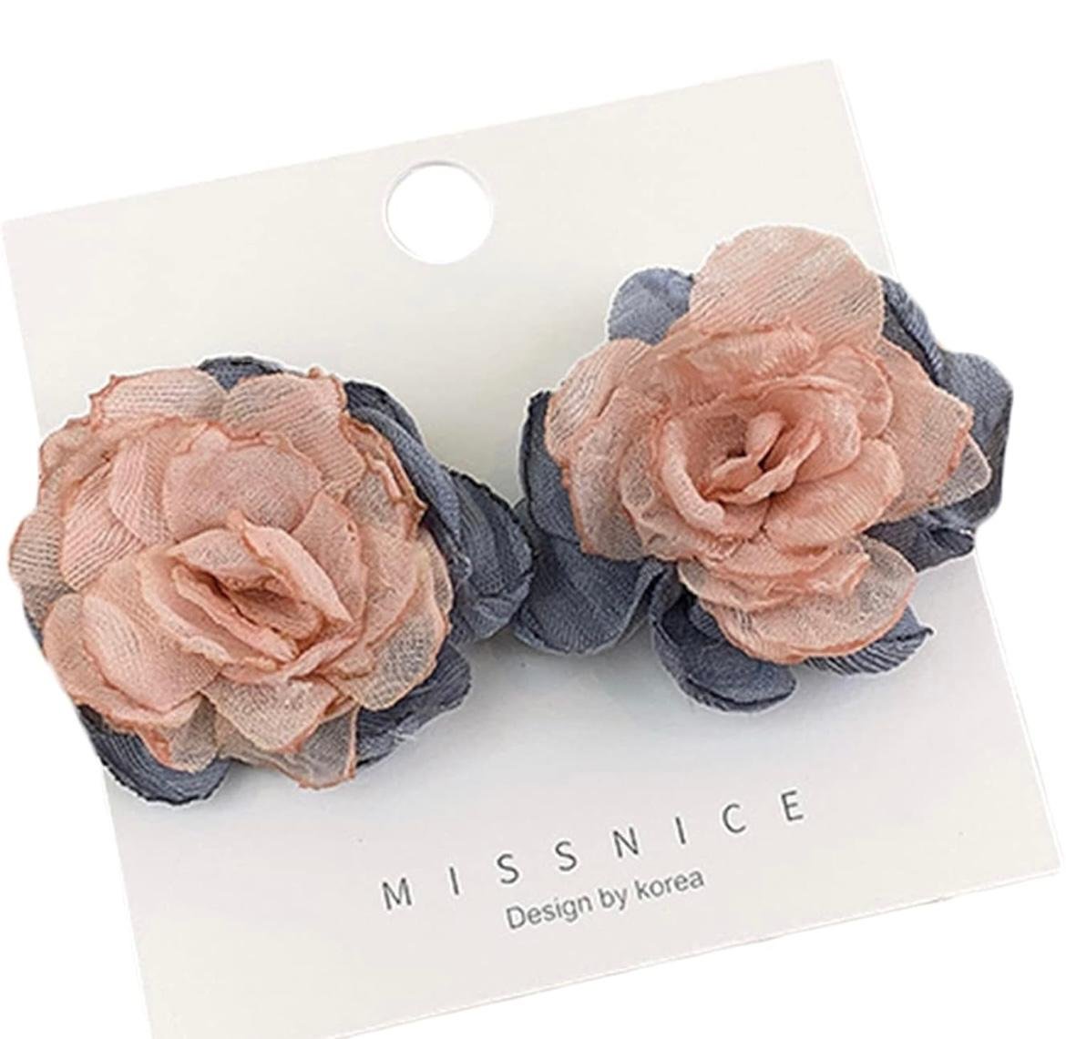 Floral Stud Earrings for Women, Pink and Grey Rose Design - Image 2