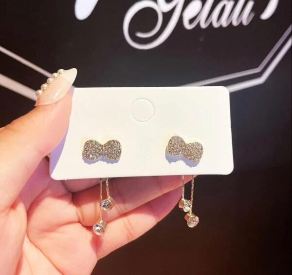 Crystal Bow Drop Earrings, Gold Plated Copper, Round Stone Studs with Chain - Image 5