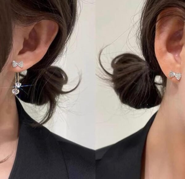 Crystal Bow Drop Earrings, Gold Plated Copper, Round Stone Studs with Chain - Image 4