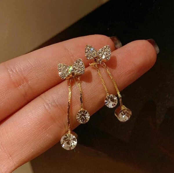 Crystal Bow Drop Earrings, Gold Plated Copper, Round Stone Studs with Chain - Image 3