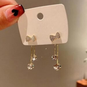 Crystal Bow Drop Earrings, Gold Plated Copper, Round Stone Studs with Chain