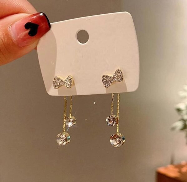 Crystal Bow Drop Earrings, Gold Plated Copper, Round Stone Studs with Chain - Image 2