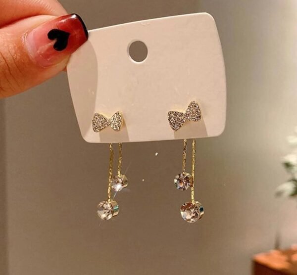 Crystal Bow Drop Earrings, Gold Plated Copper, Round Stone Studs with Chain