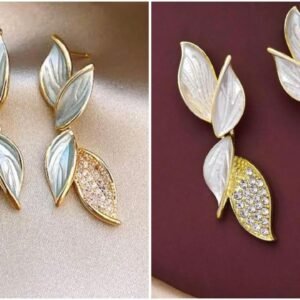 Stylish Leaf Design Earrings with Crystals, Blue and Silver