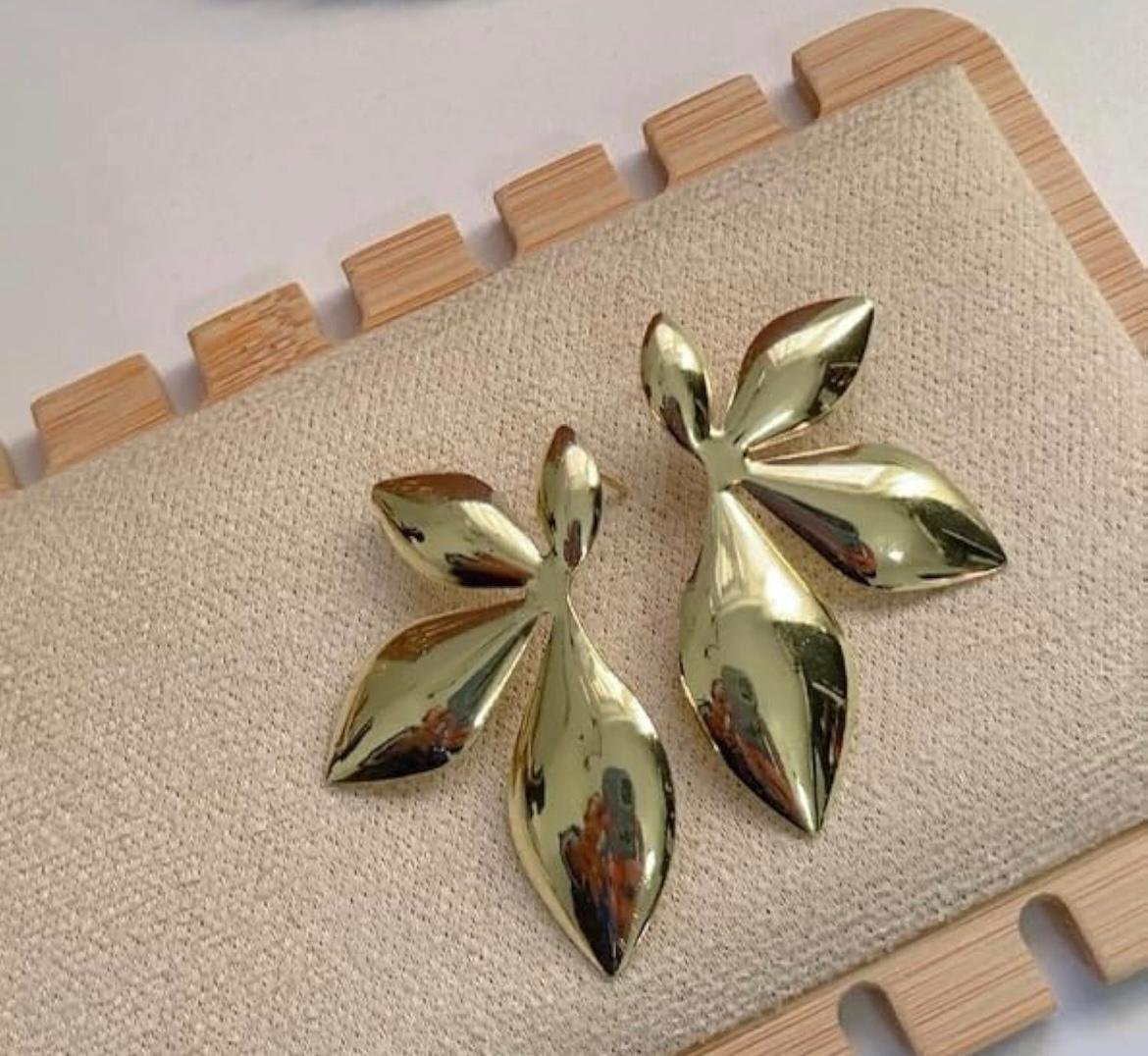 Gold-Plated Leaf Design Statement Earrings, Floral Petal Drop Style - Image 3