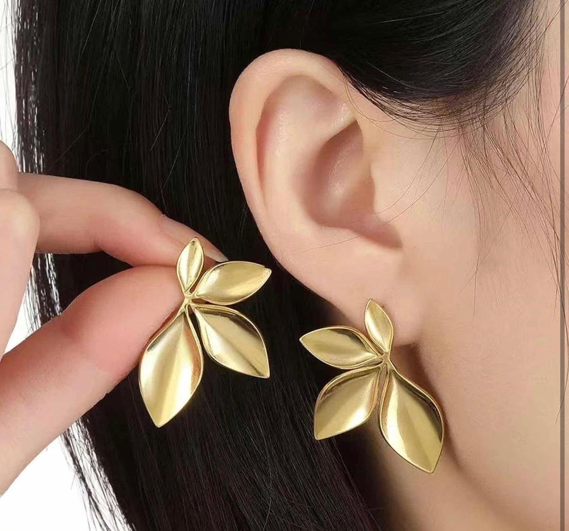 Gold-Plated Leaf Design Statement Earrings, Floral Petal Drop Style