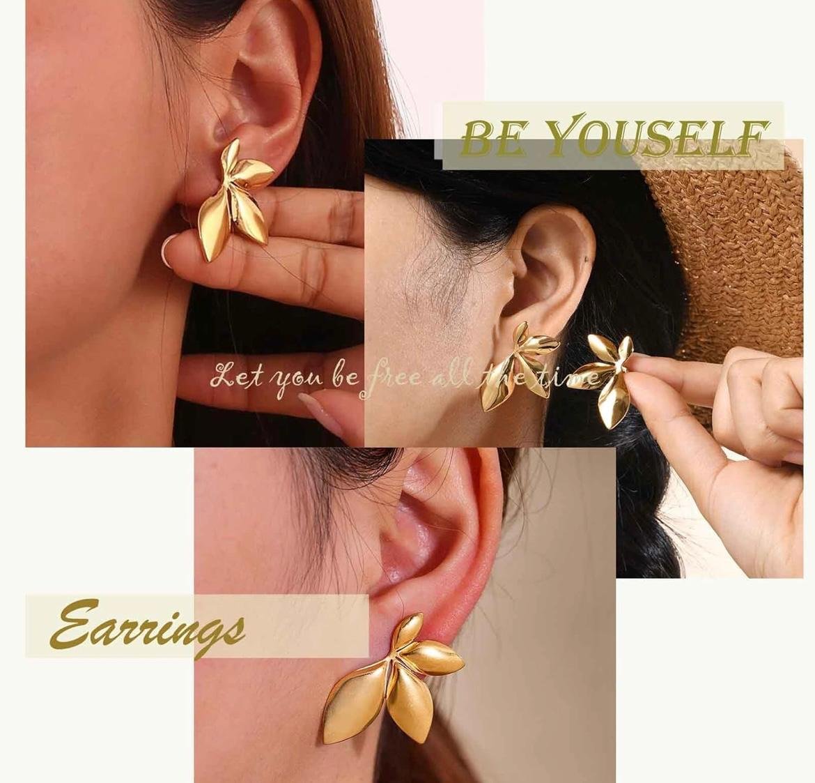 Gold-Plated Leaf Design Statement Earrings, Floral Petal Drop Style - Image 5