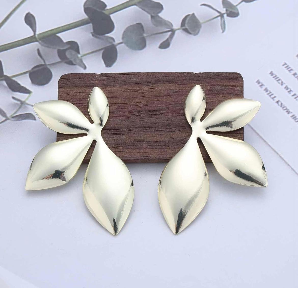 Gold-Plated Leaf Design Statement Earrings, Floral Petal Drop Style - Image 6