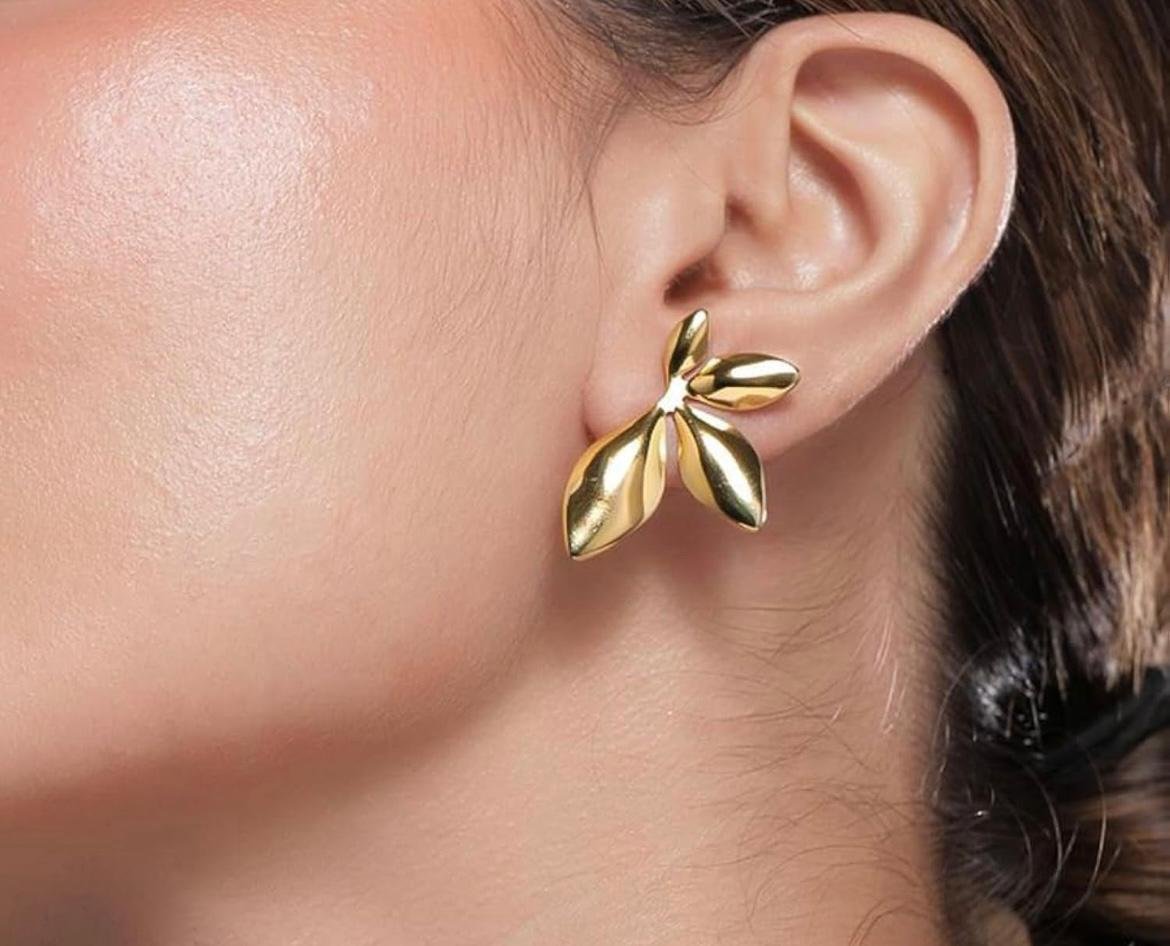 Gold-Plated Leaf Design Statement Earrings, Floral Petal Drop Style - Image 2