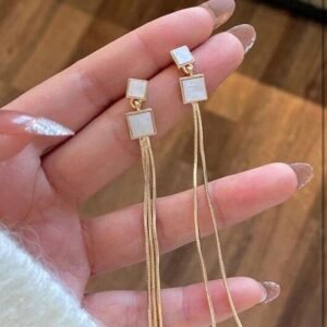 Square Pearl Drop Earrings with Gold Chain Tassel, Long Dangle Style