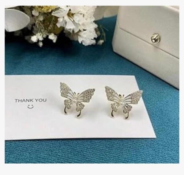Crystal Butterfly Stud Earrings with Pearl Detail (2 Color) - Image 6