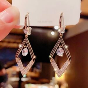 Geometric Drop Dangle Earrings, Gold Plated Copper, Crystal Studded