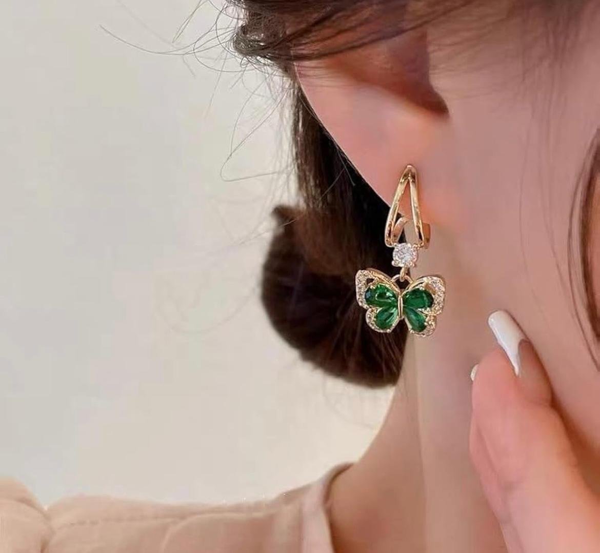 Butterfly Drop Earrings with Green Crystal and Rhinestones - Image 5