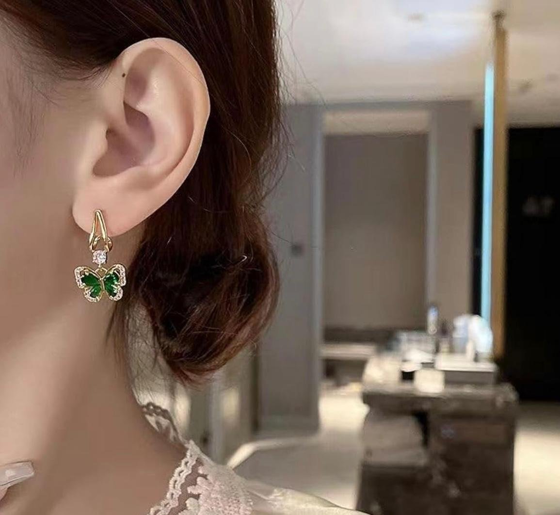 Butterfly Drop Earrings with Green Crystal and Rhinestones - Image 3