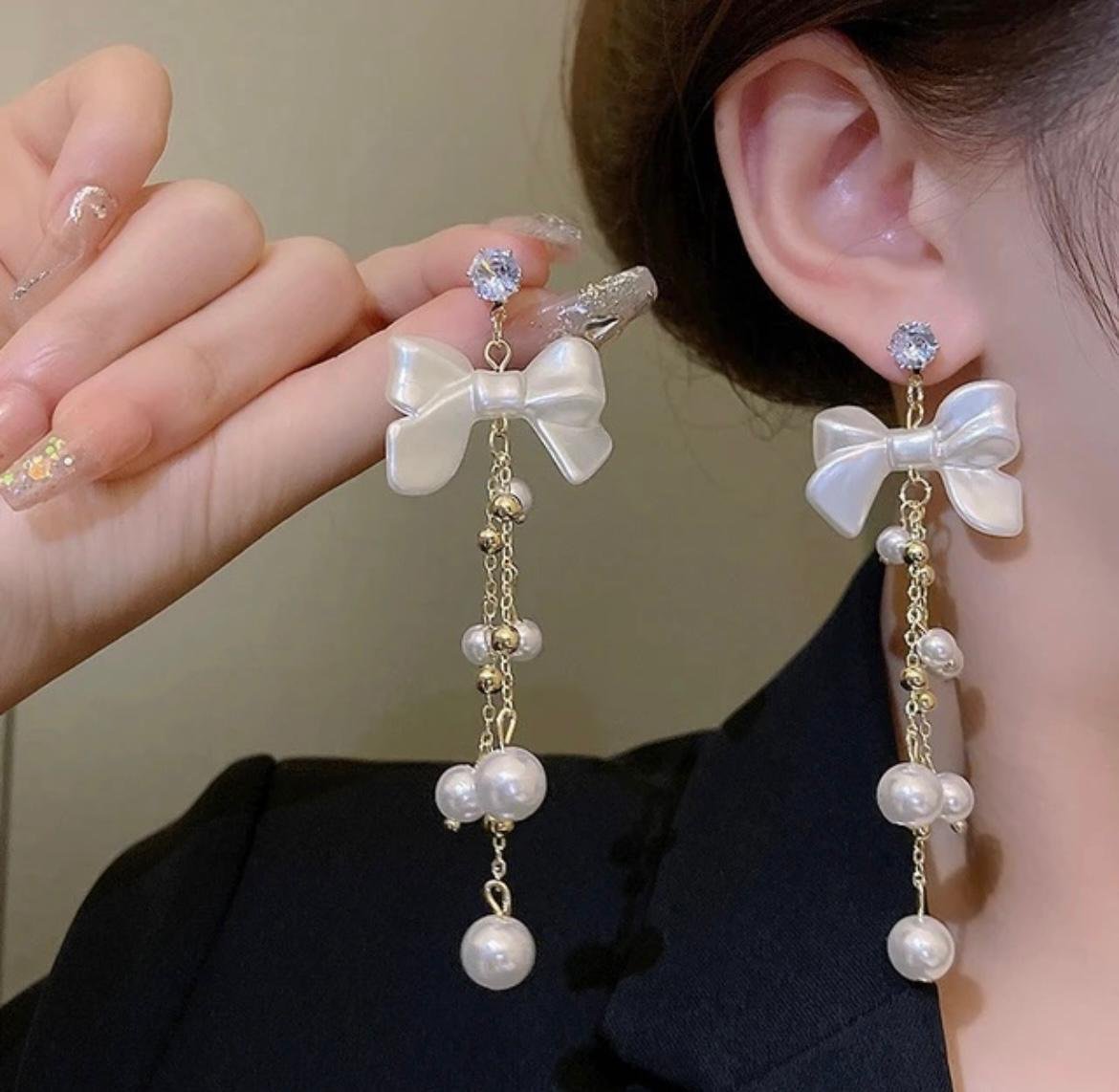 Pearl Drop Earrings with Crystal Bow Design, Gold Plated Copper, White Beaded Chain Dangle
