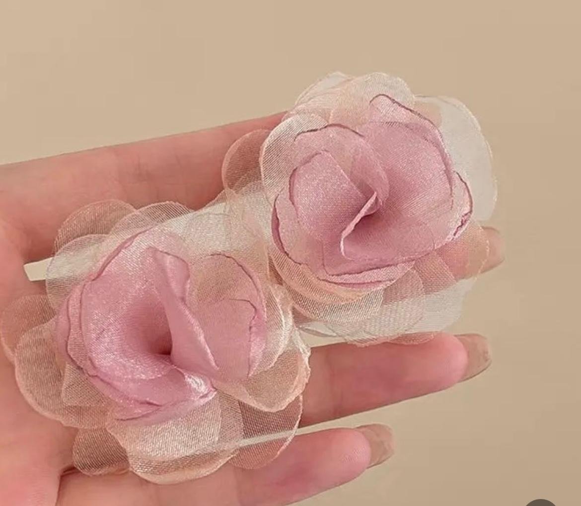 Handcrafted Pink Organza Flower Hair Accessories, Elegant Rose Design Hair Clips for Women and Girls - Image 4
