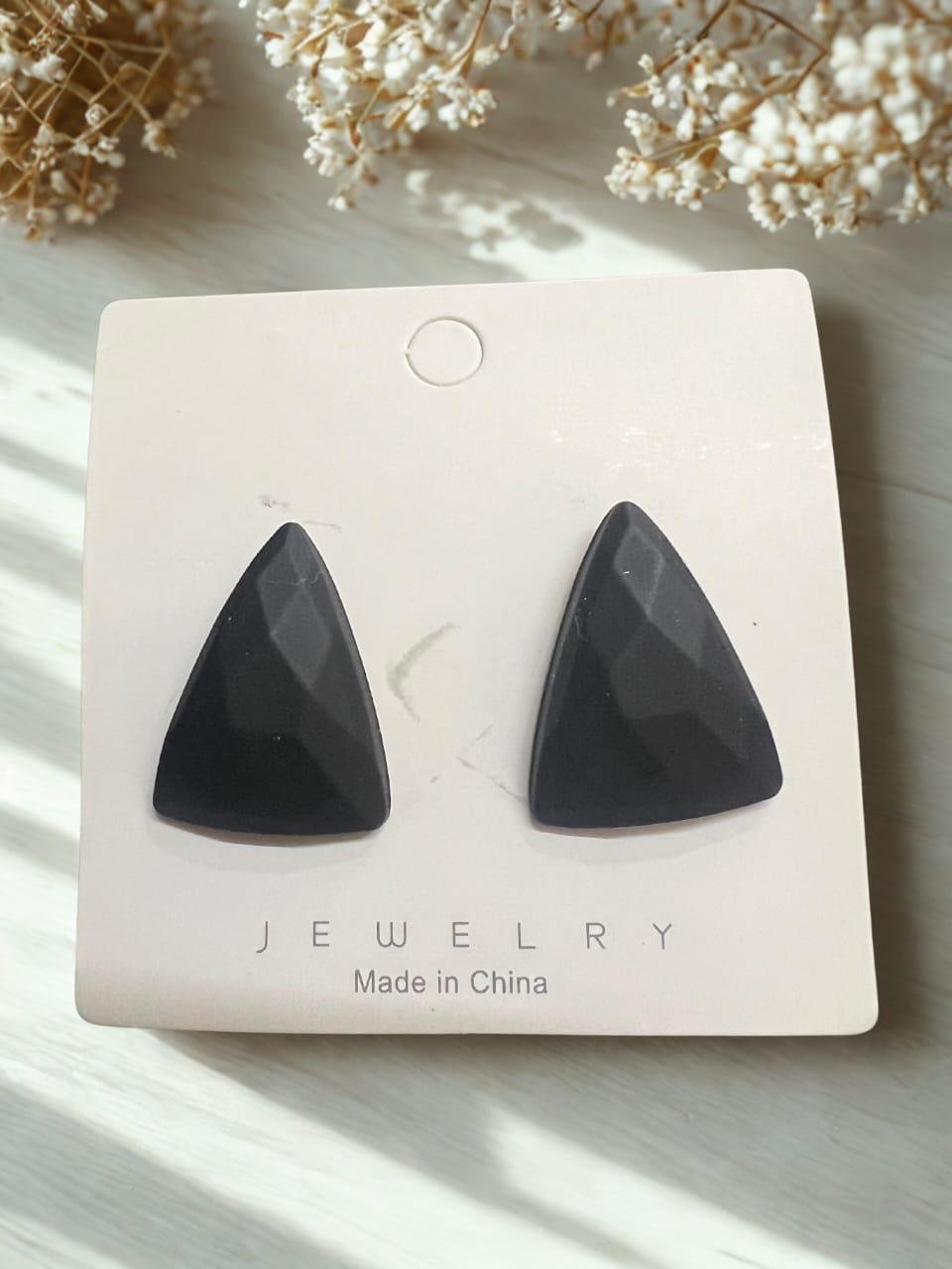 Geometric Triangle Stud Earrings, Black Polished Alloy - Image 3