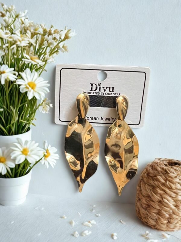 Gold Textured Leaf Drop Earrings, Large Statement Stud, Polished Copper Alloy